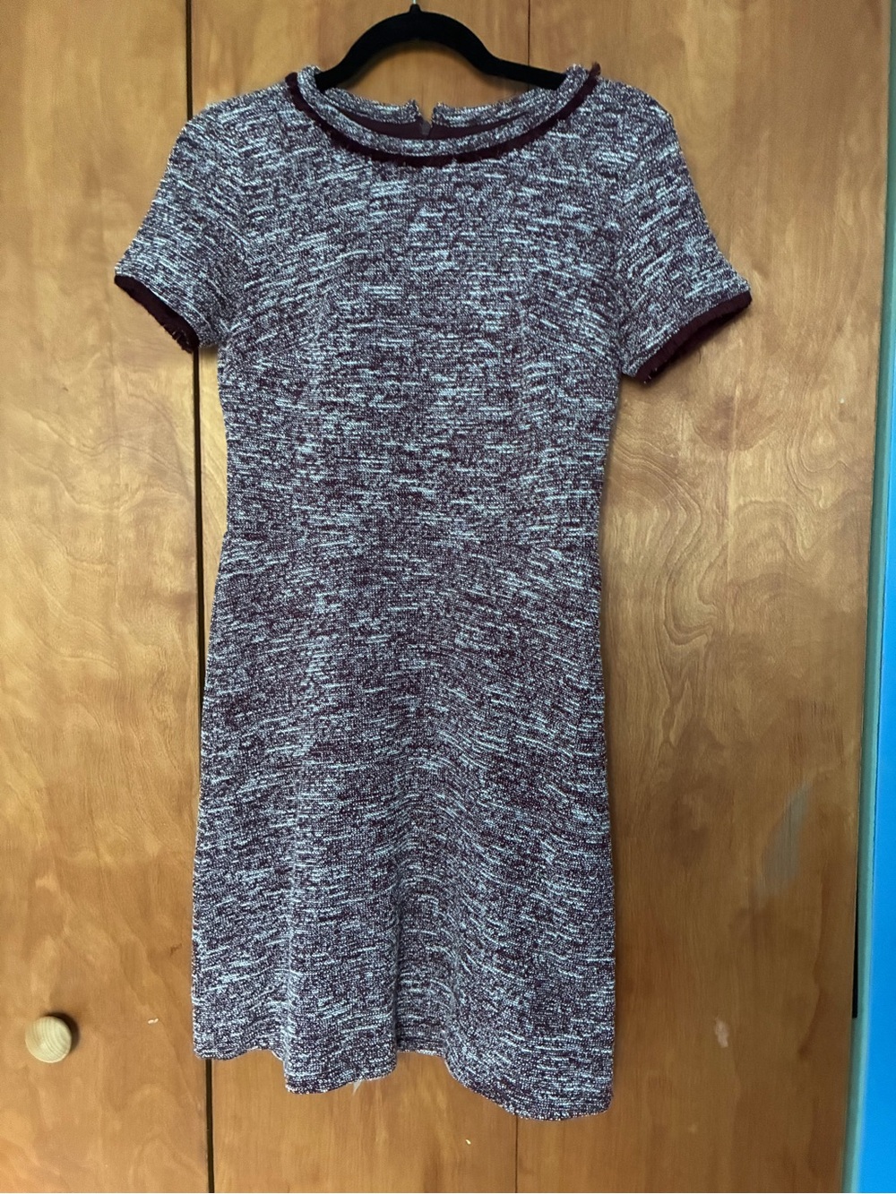 LOFT Marled Short-Sleeve Knit Dress in Burgundy and White